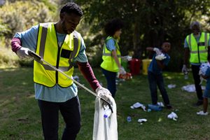 Multi-generation mixed race family spending time outside together, all wearing blue volunteer t shirts and protective gloves, collecting garbage, holding garbage bags, on a sunny day